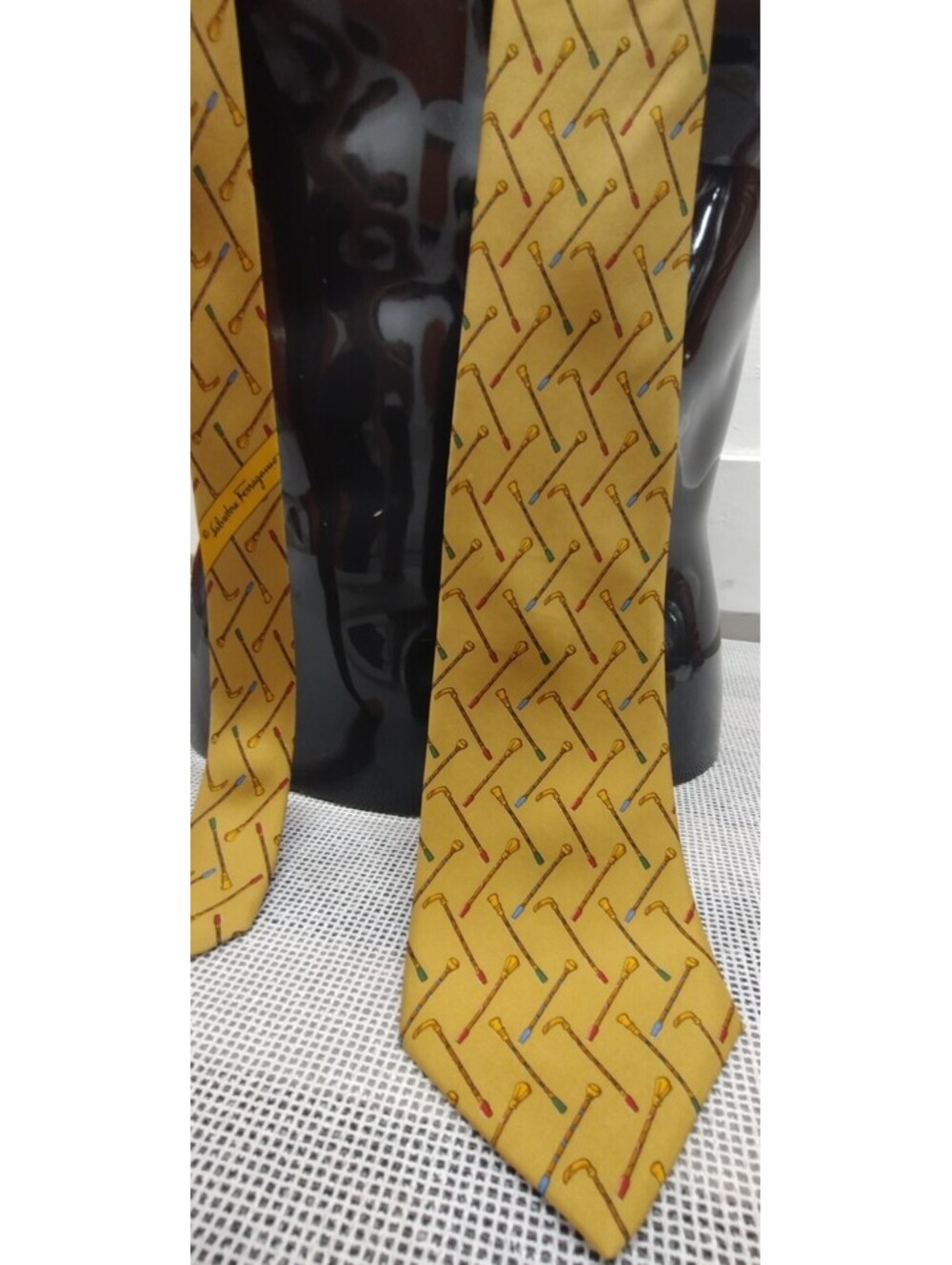 Vintage Salvatore Ferragamo Bronze Silk Tie Canes 1990s SAKS 5th AVENUE New Tag